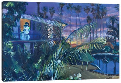 Snowman Neighbor On A Warm Winter's Night In Santa Monica Canvas Art Print - Blue Art