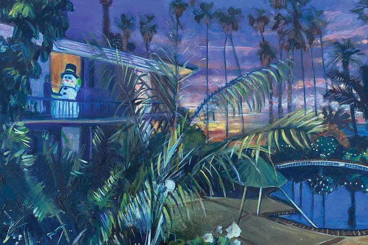 Snowman Neighbor On A Warm Winter's Night In Santa Monica by Lisa Goldfarb wall art
