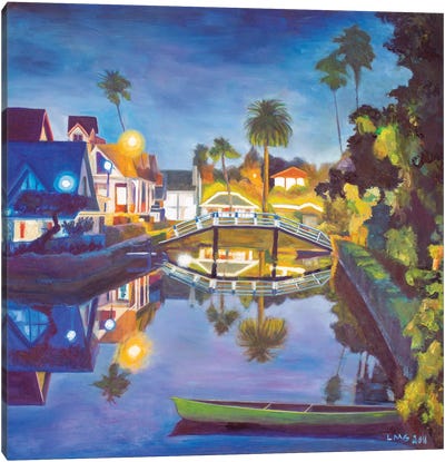 Venice Canal Night Canvas Art Print - Illuminated Oil Paintings
