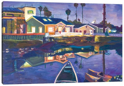 Venice Canal Boats At Night Canvas Art Print