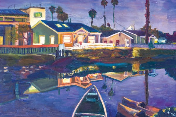 Lisa Goldfarb: Venice Canal Boats At Night by Lisa Goldfarb