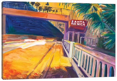California Incline Yellow Lights Night Canvas Art Print - Santa Monica