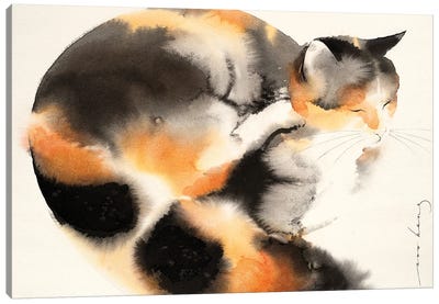 Grooming Session Canvas Art Print - Calico Cat Art