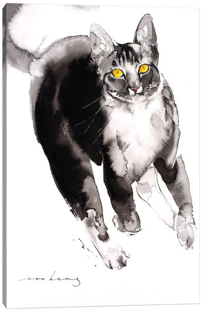 Chaser Cat II Canvas Art Print - Black, White & Yellow Art