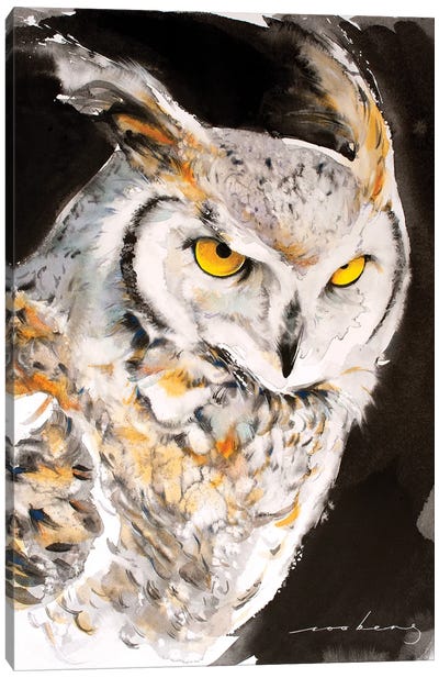 Mystical Owl Canvas Art Print - Black, White & Yellow Art