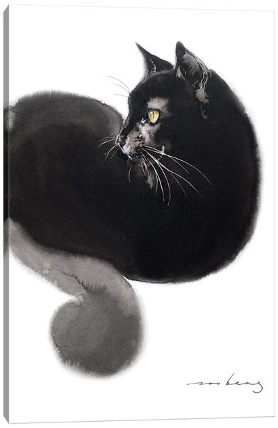 Relaxing Cat Canvas Art Print - Black, White & Yellow Art