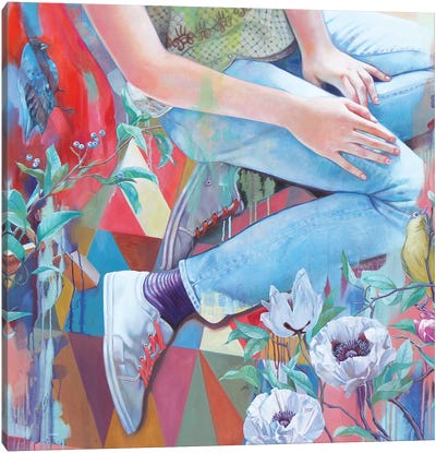 Bluebird And White Poppies Canvas Art Print - Lioba Brückner