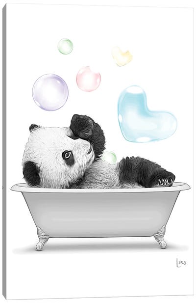 Panda In The Bath With Bubbles Canvas Art Print - Kids Bathroom Art
