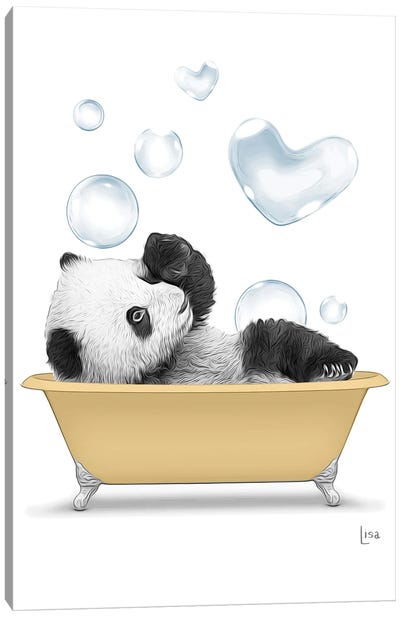 Panda In The Gold Bath With Bubbles Canvas Art Print - Baby Animal Art
