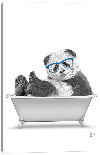 Panda With Glasses In The Bath Bw Canvas Art Print - Panda Art