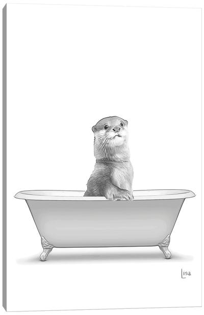 Otter In The Bath Bw Canvas Art Print - Kids Bathroom Art