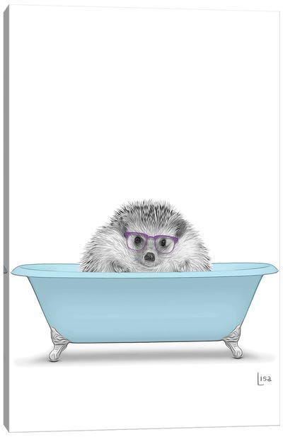Hedgehog In The Blue Bath Canvas Art Print - Printable Lisa's Pets
