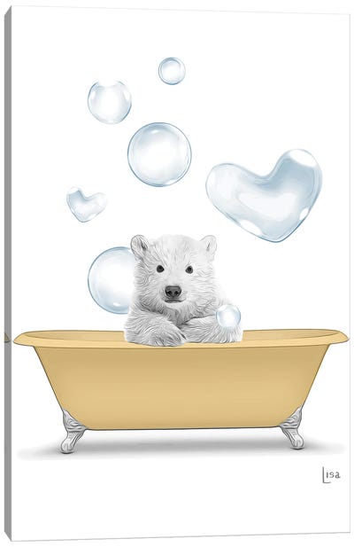 Polar Bear In The Gold Bath With Bubbles Canvas Art Print - Printable Lisa's Pets
