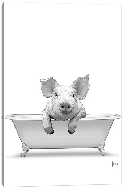 Pig In The Bath Bw Canvas Art Print - Pig Art