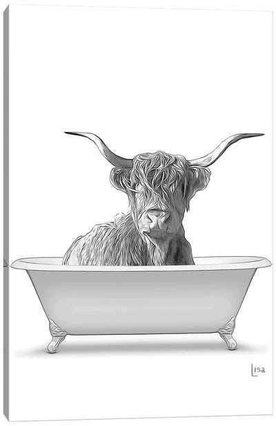 Highland Cow In The Bath Bw Canvas Art Print - Highland Cow Art