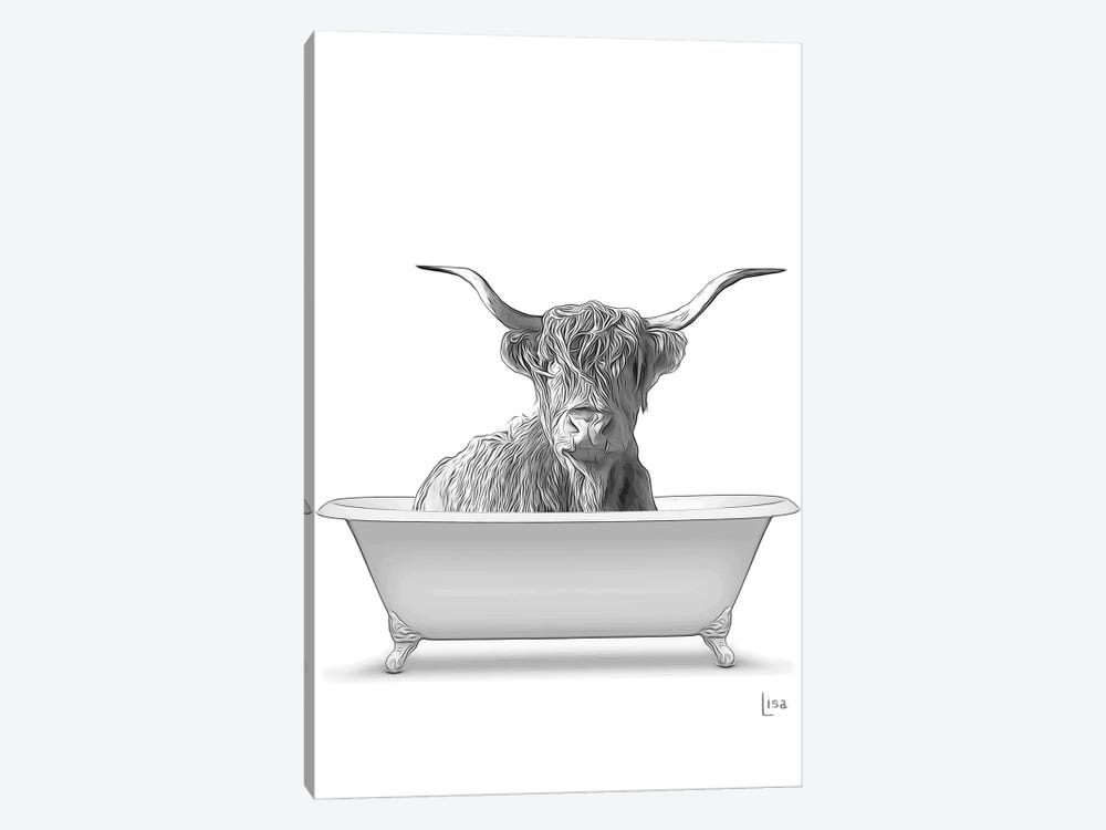 Highland Cow In The Bath Bw by Printable Lisa's Pets 1-piece Canvas Print