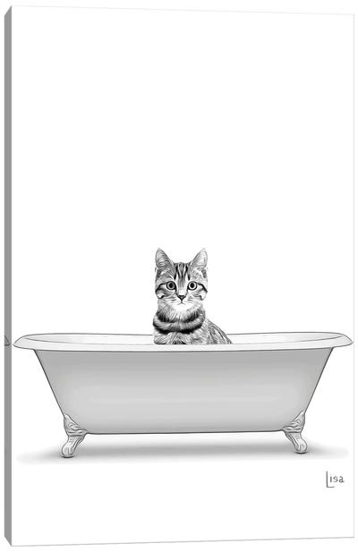 Cat In The Bath Bw Canvas Art Print - Kids Bathroom Art