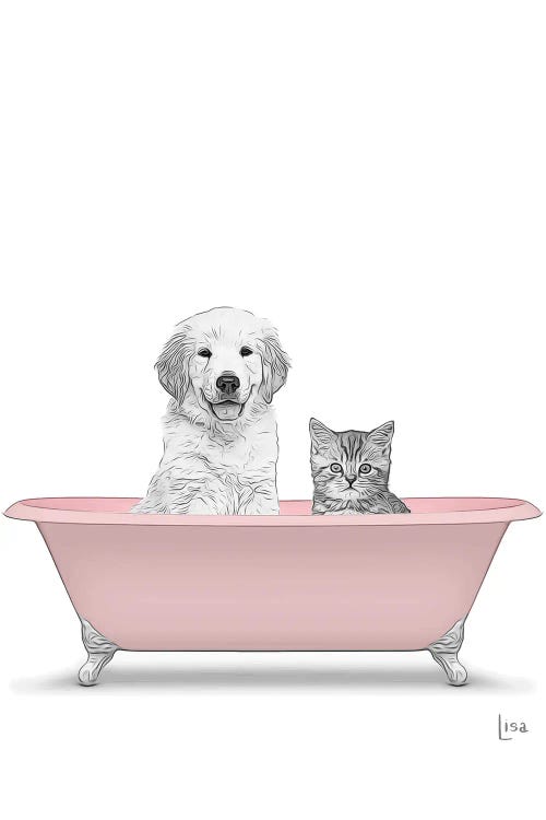 Dog And Cat In The Pink Bath Ca, Dog In A Bathtub Drawing