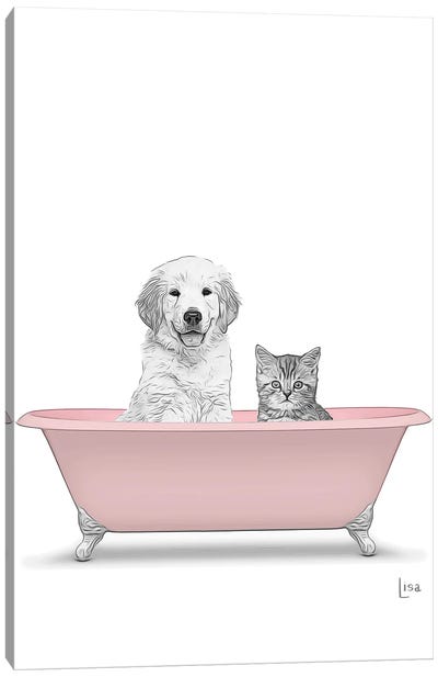 Dog And Cat In The Pink Bath Canvas Art Print - Golden Retriever Art