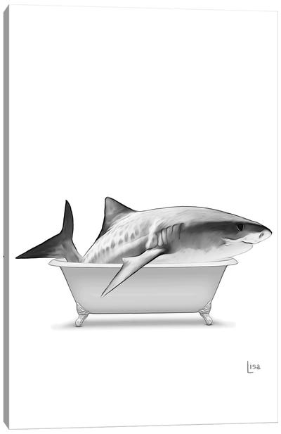 Shark In Bathtub Black And White Canvas Art Print - Black & White Graphics & Illustrations
