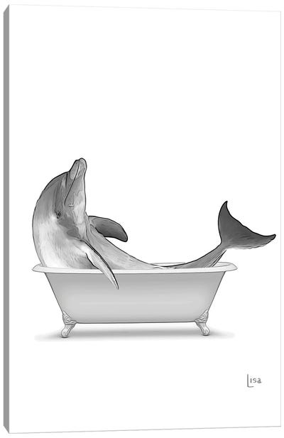 Dolphin In Bathtub Black And White Canvas Art Print - Kids Bathroom Art