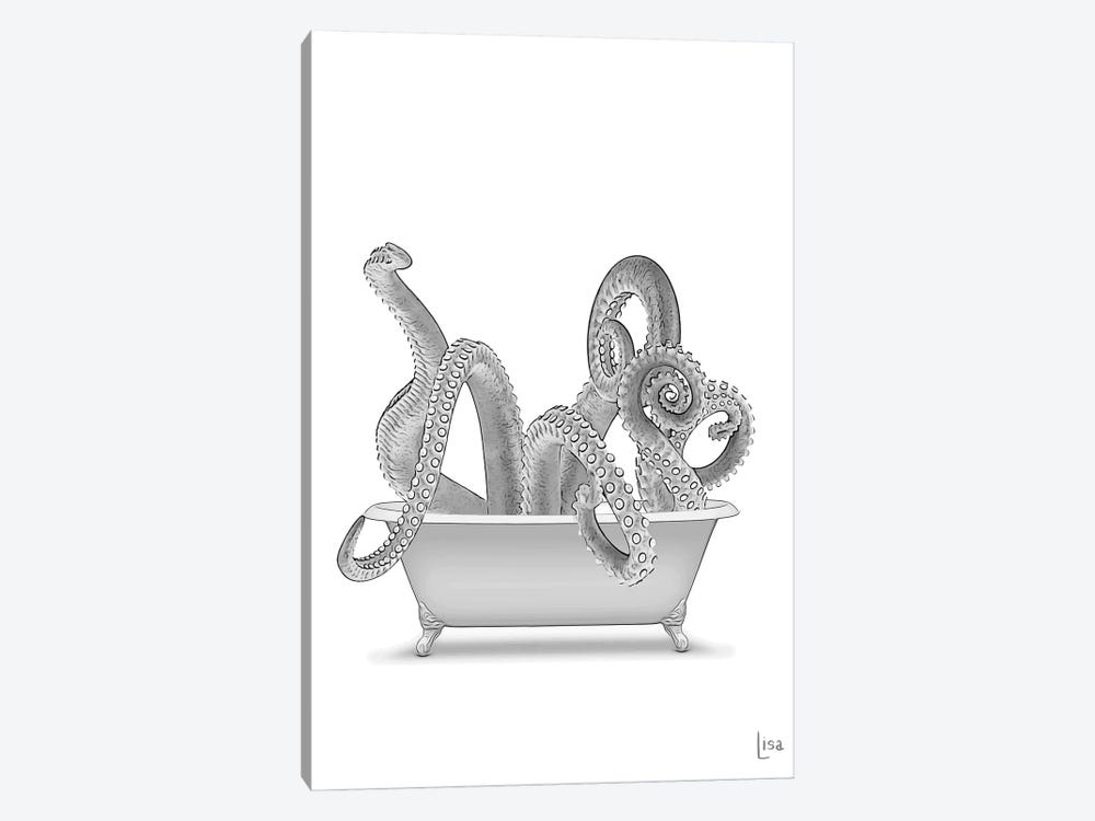 Octopus In Bathtub Black And White by Printable Lisa's Pets 1-piece Canvas Art