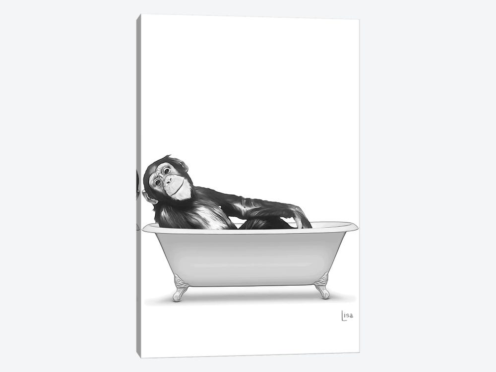Monkey In Bathtub Black And White by Printable Lisa's Pets 1-piece Canvas Art