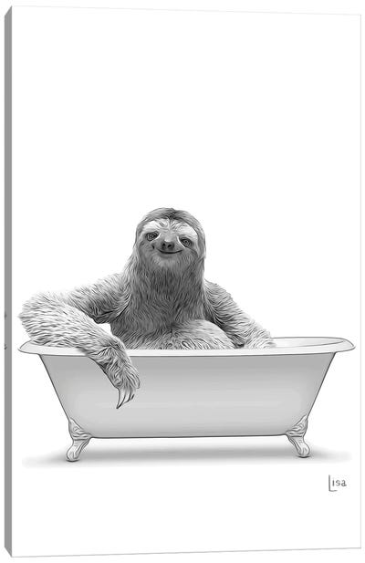 Sloth In Bathtub Black And White Canvas Art Print - Sloth Art
