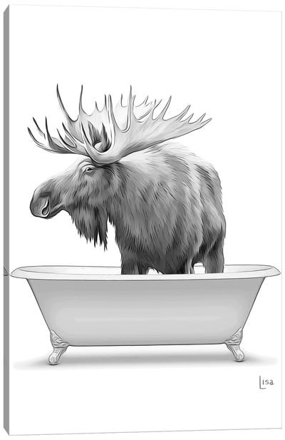 Moose In Bathtub Black And White Canvas Art Print