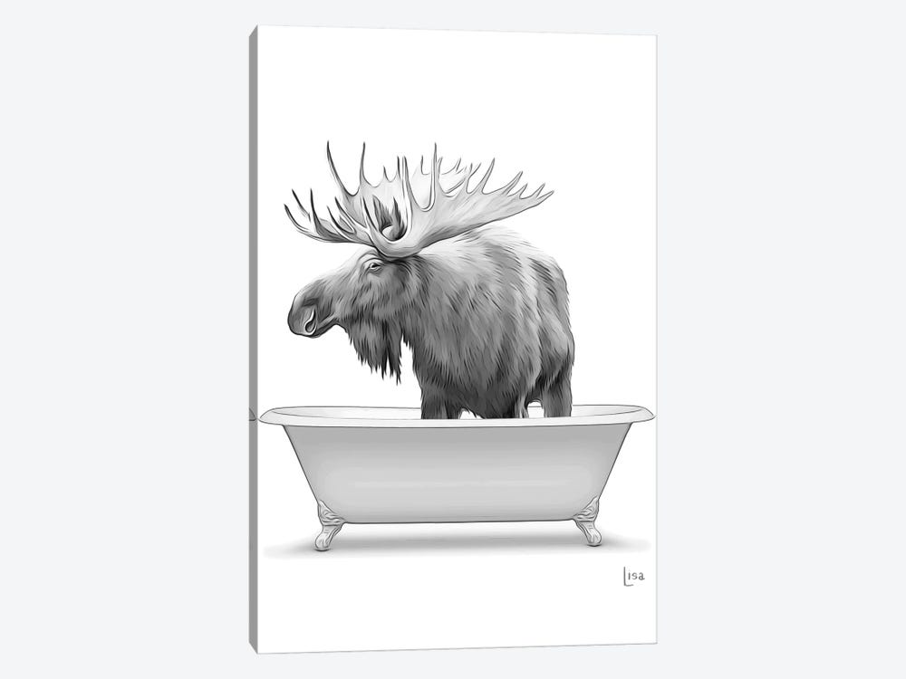 Moose In Bathtub Black And White by Printable Lisa's Pets 1-piece Canvas Art