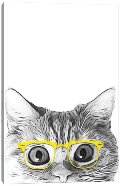 Cat With Yellow Glasses Canvas Art Print - Black, White & Yellow Art