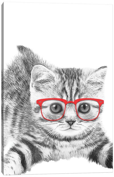 Cat With Red Glasses Canvas Art Print - Tabby Cat Art