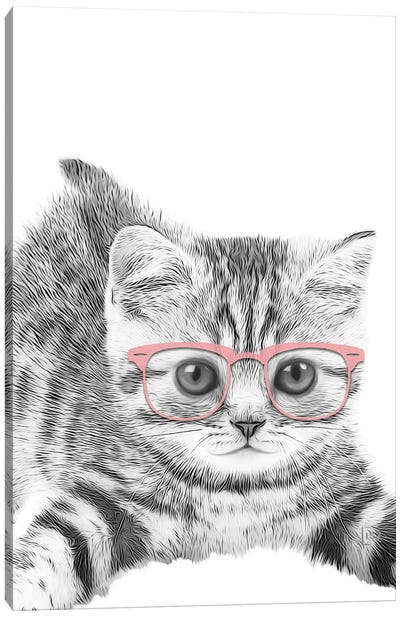Little Cat With Pink Glasses Canvas Art Print - Tabby Cat Art