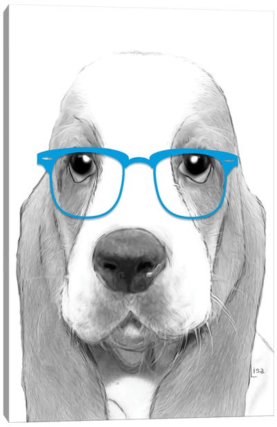 Bassethound With Blue Glasses Canvas Art Print - Printable Lisa's Pets