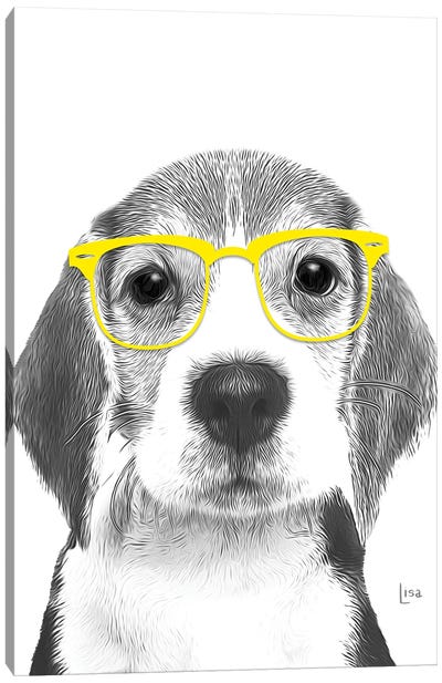 Beagle With Yellow Glasses Canvas Art Print - Black, White & Yellow Art