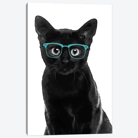 Black Cat With Teal Glasses Canvas Print #LIP164} by Printable Lisa's Pets Canvas Wall Art