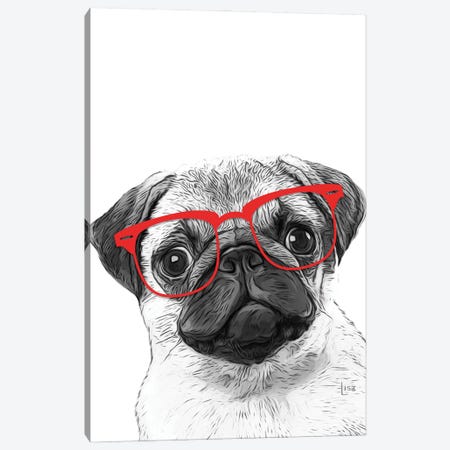 Pug With Red Glasses Canvas Print #LIP167} by Printable Lisa's Pets Canvas Wall Art