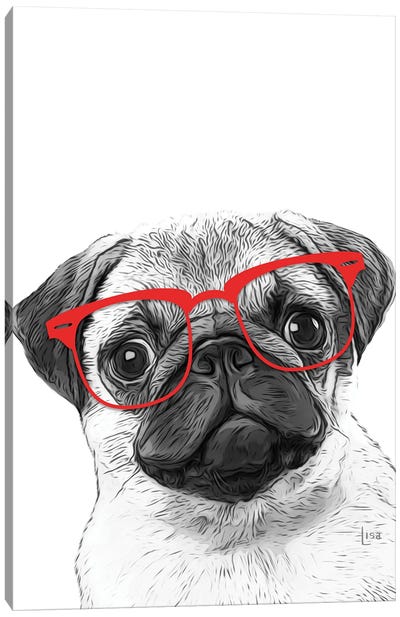 Pug With Red Glasses Canvas Art Print - Pug Art