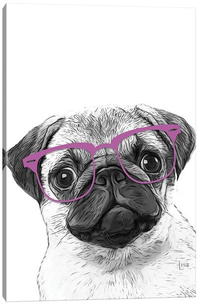 Pug With Violet Glasses Canvas Art Print - Pug Art