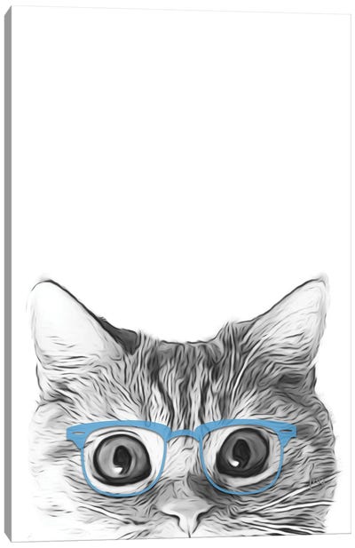 Cat Face With Blue Glasses Canvas Art Print - Tabby Cat Art
