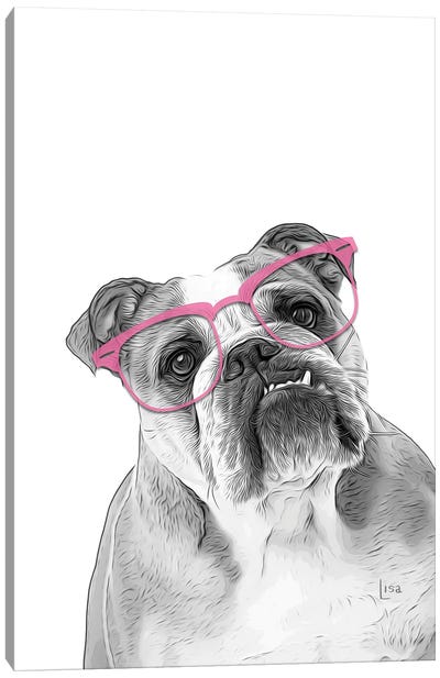 English Bulldog With Pink Glasses Canvas Art Print - Printable Lisa's Pets