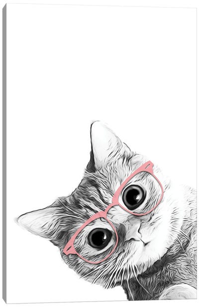 Baby Cat With Pink Glasses Canvas Art Print - Tabby Cat Art