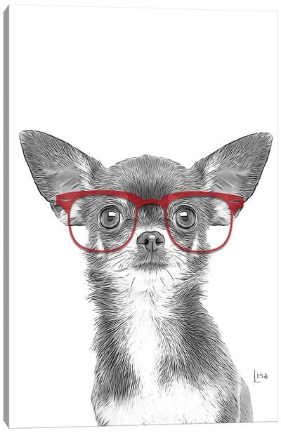 Chihuahua With Red Glasses Canvas Art Print - Black, White & Red Art