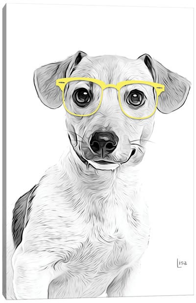 Jack Russell Terrier With Yellow Glasses Canvas Art Print - Black, White & Yellow Art
