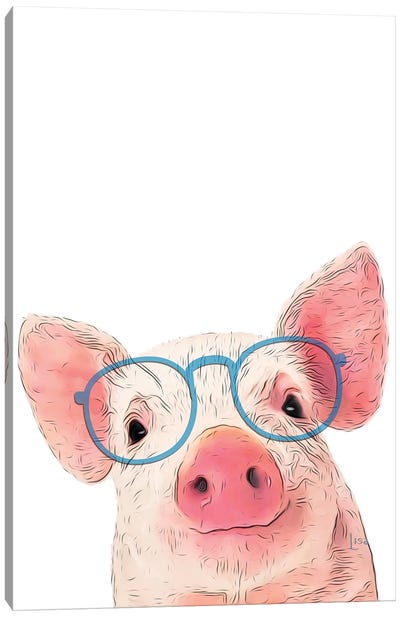 Color Pig With Blue Glasses Canvas Art Print - Pig Art