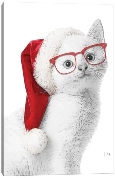 White Christmas Cat With Glasses And Hat Canvas Art Print - Christmas Animal Art