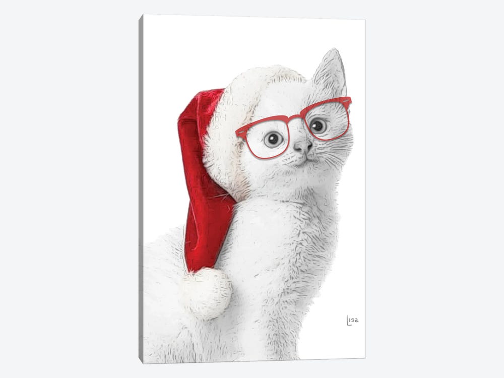 White Christmas Cat With Glasses And Hat by Printable Lisa's Pets 1-piece Canvas Artwork