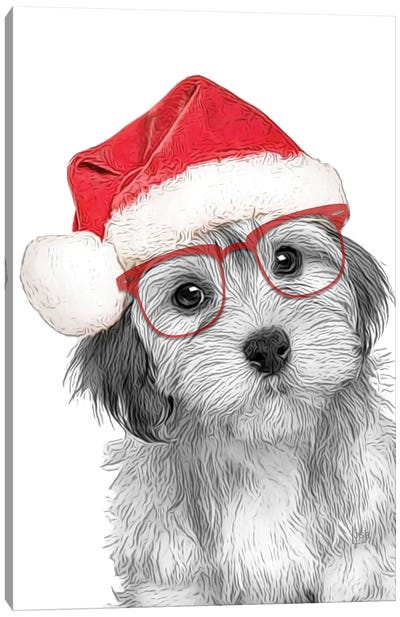 Christmas Dog With Glasses And Hat Canvas Art Print - Printable Lisa's Pets