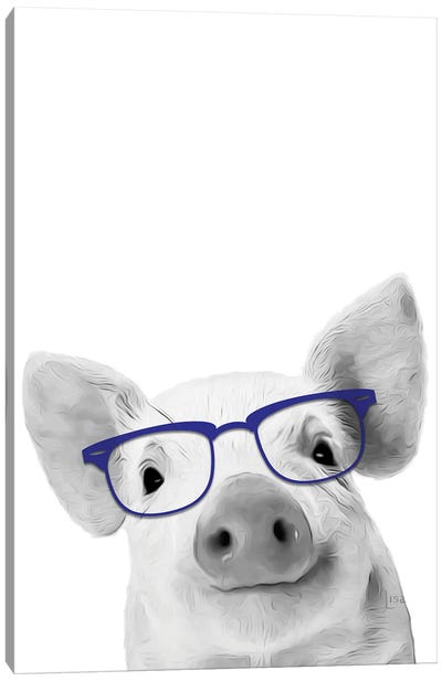 Pig With Blue Glasses Canvas Art Print - Pig Art