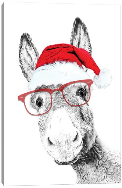Christmas Donkey With Glasses And Hat Canvas Art Print - Printable Lisa's Pets